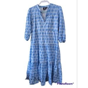 Madison Mathews Cotton Midi Cottagecore Blue Floral Dress, 3/4 Sleeves, XS/S